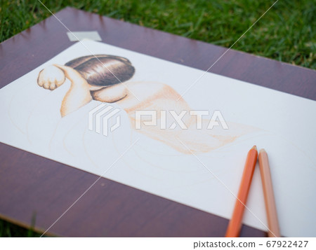 Detail of painting study with female body outline Detail of painting study with female body outline 67922427