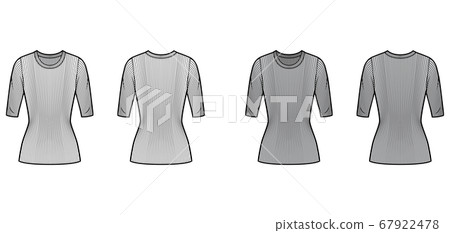 Ribbed crew neck knit sweater technical fashion illustration with elbow sleeves, close-fitting shape, tunic length. Ribbed crew neck knit sweater technical fashion illustration with elbow sleeves, close-fitting shape, tunic length. 67922478