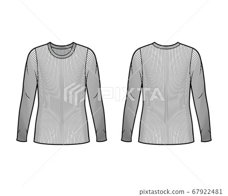 Ribbed crew neck knit sweater technical fashion illustration with long sleeves, oversized body, tunic length. Ribbed crew neck knit sweater technical fashion illustration with long sleeves, oversized body, tunic length. 67922481