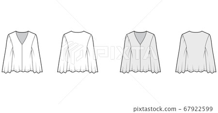 Gypsy style blouse technical fashion illustration with baby doll body, deep V-neck, long circle sleeves tunic. 67922599