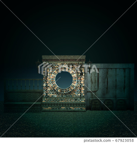 Night 3d brick wall with round window Night 3d brick wall with round window 67923058