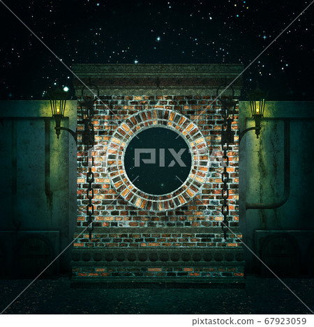 Night 3d brick wall with round window 67923059