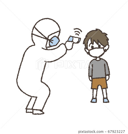 一個男孩用非接觸式溫度計測量體溫的插圖 67923227