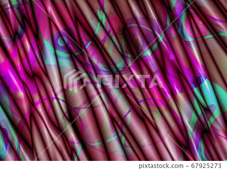 Satin brown background, collected from convex folds and covered with transparent, green, purple,burgundy and blue wavy stripes and spots 67925273