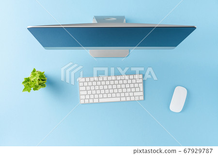 Office desktop with computer and accessories. Modern workspace. Top view 67929787