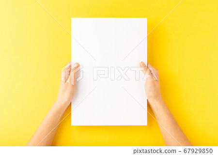 Young woman hands showing blank paper sheet on yellow desktop. Top view 67929850