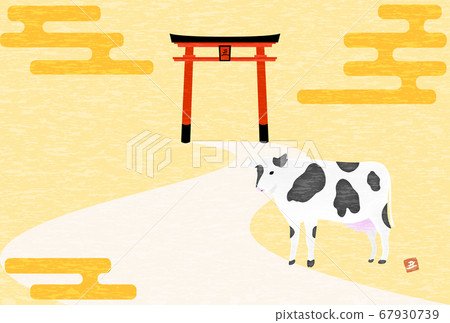 New Year's card postcard template 2021 ox year, image of cow of the first year of the shrine and the messenger of God 67930739