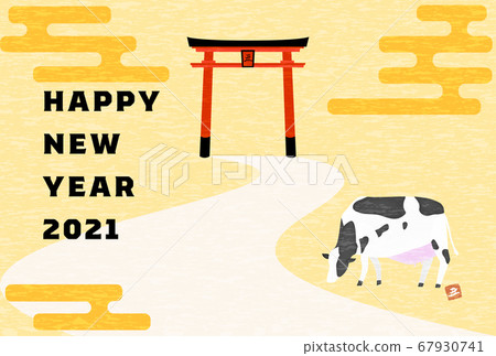 New Year's card postcard template 2021 ox year, image of cow of the first year of the shrine and the messenger of God 67930741