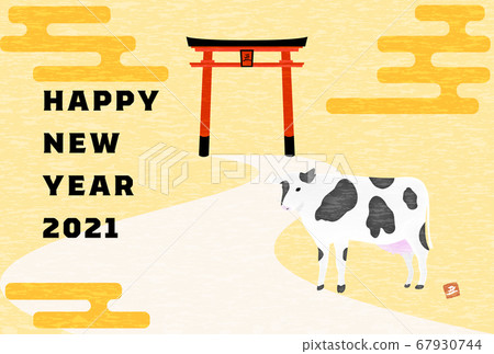 New Year's card postcard template 2021 ox year, image of cow of the first year of the shrine and the messenger of God 67930744