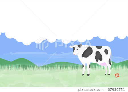 New Year's card postcard template Illustration of Holstein in the ranch, oxen year 2021 67930751