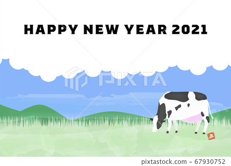 New Year's card postcard template Illustration of Holstein in the ranch, oxen year 2021 New Year's card postcard template Illustration of Holstein in the ranch, oxen year 2021 67930752