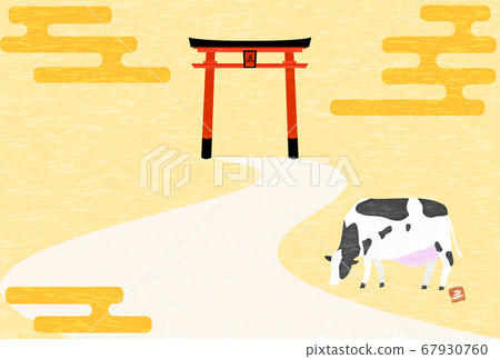New Year's card postcard template 2021 ox year, image of cow of the first year of the shrine and the messenger of God 67930760