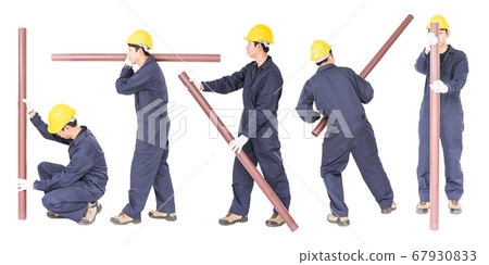 Set Young plumber holding pvc pipe Set Young plumber holding pvc pipe 67930833