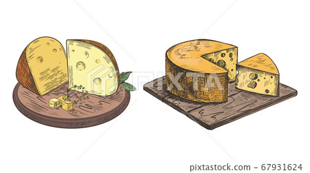Cheese lies on a wooden cutting board. Vector retro illustration. Cheese lies on a wooden cutting board. Vector retro illustration. 67931624