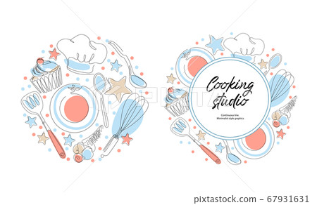 Culinary products and cooking utensils. Cupcakes, plates, spoons, cook hat. Culinary products and cooking utensils. Cupcakes, plates, spoons, cook hat. 67931631