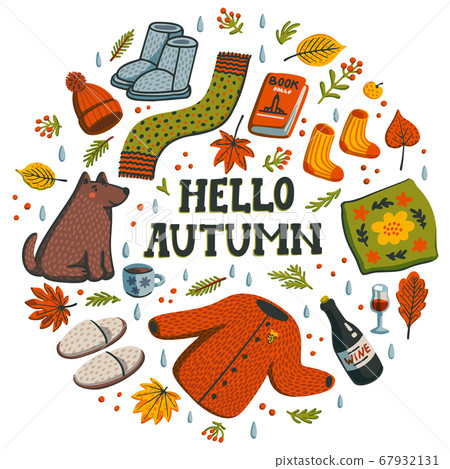 Hello autumn circle composition. Autumn essentials Hello autumn circle composition. Autumn essentials 67932131