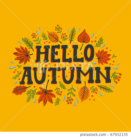 Hello autumn composition on yellow background. Hello autumn composition on yellow background. 67932135