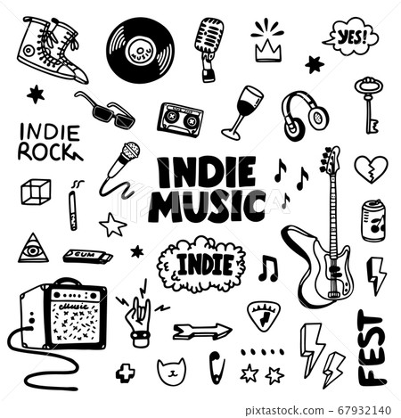 Indie rock music tatoos set. Black and white 67932140