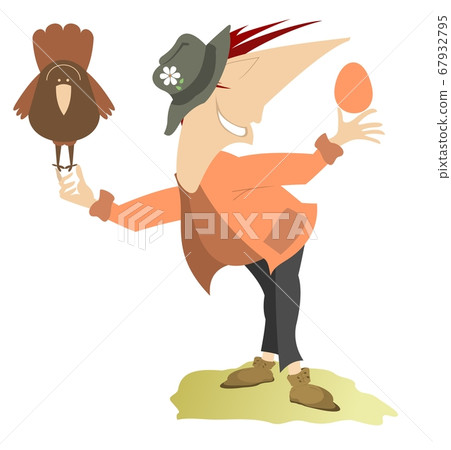 Cartoon man, chicken and egg illustration. Funny smiling man with a flower in the hat holds a chicken in one hand and a big egg in another isolated on white 67932795