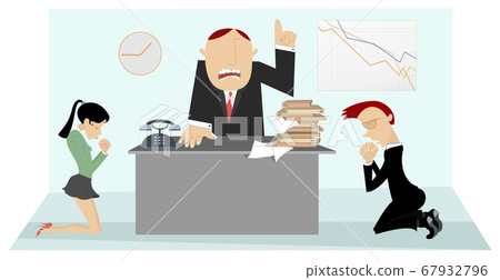 Angry boss scolds staff illustration. Angry chief scolds frightened kneeling woman and man  67932796
