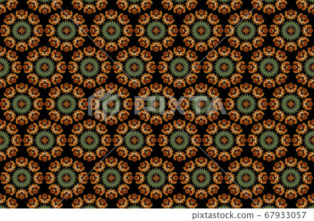 Black background of round embroidery with stylized orange flowers, wreath of green leaves and a flower in the center Black background of round embroidery with stylized orange flowers, wreath of green leaves and a flower in the center 67933057