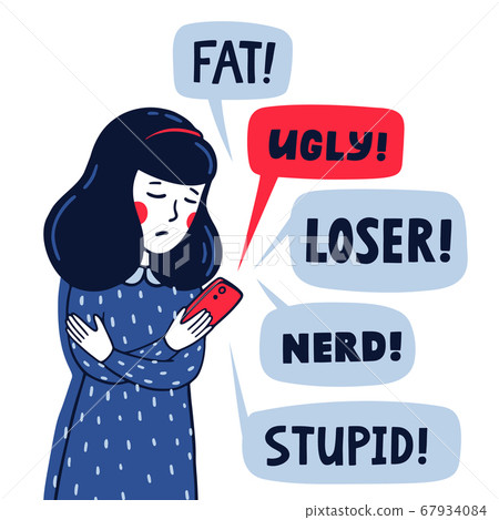 Cyber bulling vector concept. Sad girl reading Cyber bulling vector concept. Sad girl reading 67934084