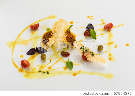 decoratively decorated food on white 67934575