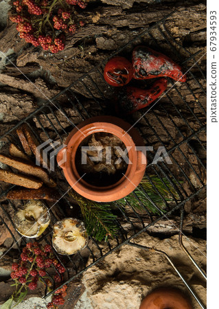 dish on a tree bark dish on a tree bark 67934593