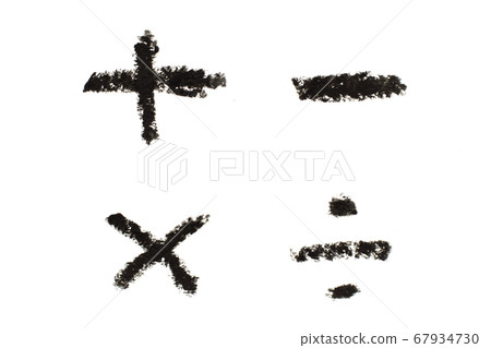 Black color oil pastel drawing in mathematics  symbol shape (Plus, minus, multiply, divide) shape on white paper background 67934730