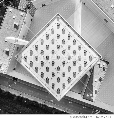 Top aerial view of modern archiecture of islamic religious cultural centre in Ljubljana, Slovenia, Europe. Black and white image Top aerial view of modern archiecture of islamic religious cultural centre in Ljubljana, Slovenia, Europe. Black and white image 67937625