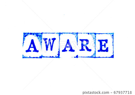 Blue ink of rubber stamp in word aware on white paper background 67937718