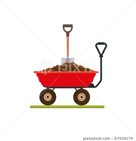 Wheelbarrow with pile of soil and a shovel. Wheelbarrow with pile of soil and a shovel. 67939179