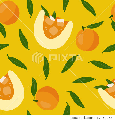 Seamless pattern with oranges, tangerines, glasses of juice with ice on a yellow background. Repeating endless elements. Juicy and tasty fruits for a summer print. Bright colorful illustration. 67939262