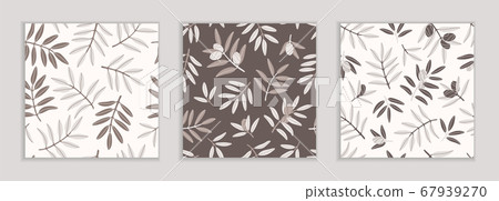 Seamless repeating patterns. Set of pastel patterns with olive tree branches. Gray, white, brown colors. Pattern with Greek food. Contemporary illustration. 67939270