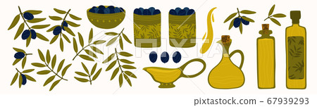 A large set of Greek food. Black olives, olive branches and oil. Bottles, bowls and jars of olive oil. Mediterranean healthy bio food. Fresh and healthy fruits. Isolated elements for modern design. A large set of Greek food. Black olives, olive branches and oil. Bottles, bowls and jars of olive oil. Mediterranean healthy bio food. Fresh and healthy fruits. Isolated elements for modern design. 67939293