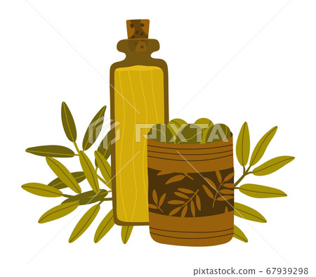 Green olives in a tin can and a bottle of olive oil. Delicious and fresh organic Mediterranean olives. Olive tree branches on the background. Greek food sale concept. Olive oil products. Green olives in a tin can and a bottle of olive oil. Delicious and fresh organic Mediterranean olives. Olive tree branches on the background. Greek food sale concept. Olive oil products. 67939298