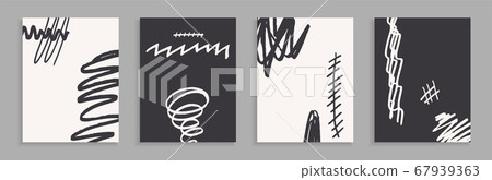 Modern black and white postcards. Set of abstract vector backgrounds. Hand-drawn spots and waves. Handmade ink illustration. Vector texture for design. Jagged grunge lines. Modern black and white postcards. Set of abstract vector backgrounds. Hand-drawn spots and waves. Handmade ink illustration. Vector texture for design. Jagged grunge lines. 67939363