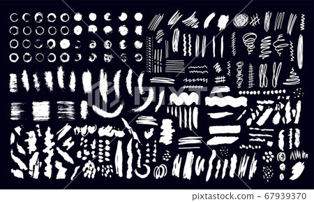 A large set of abstract elements for design. Hand drawn black and white vector illustration. Spots, blots, lines, circles, circles, waves. Rough texture. Careless strokes of paint. A large set of abstract elements for design. Hand drawn black and white vector illustration. Spots, blots, lines, circles, circles, waves. Rough texture. Careless strokes of paint. 67939370