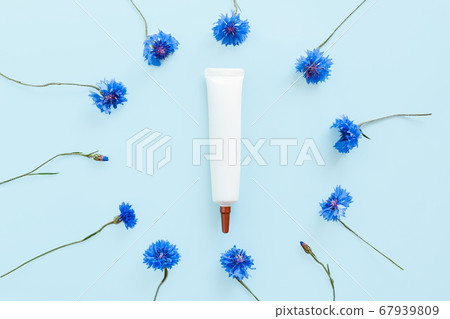 Mock-up of white cosmetic tube with long nozzle and bronze screw cap and blue cornflowers on a blue background. Face and eye cream squeeze and flower frame. Natural organic spa cosmetic. Top view. Mock-up of white cosmetic tube with long nozzle and bronze screw cap and blue cornflowers on a blue background. Face and eye cream squeeze and flower frame. Natural organic spa cosmetic. Top view. 67939809