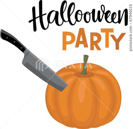 Halloween party - sign with pumkin, khife illustration for invitation, banner or decoration. Vector stock illustration isolated on white background. Halloween party - sign with pumkin, khife illustration for invitation, banner or decoration. Vector stock illustration isolated on white background. 67940018