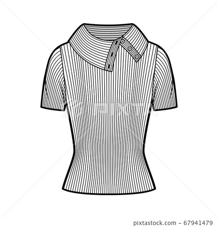 Wide button-up turtleneck ribbed-knit sweater technical fashion illustration with short rib sleeves, close-fitting shape Wide button-up turtleneck ribbed-knit sweater technical fashion illustration with short rib sleeves, close-fitting shape 67941479