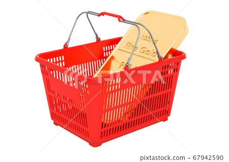 Shopping basket with golden ingots. 3D rendering Shopping basket with golden ingots. 3D rendering 67942590