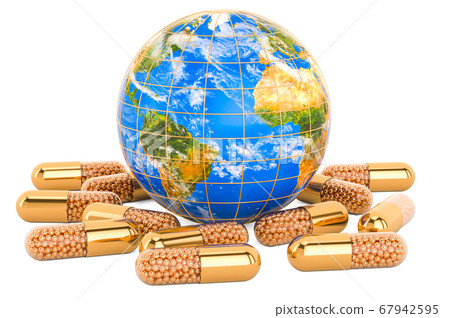 Golden Capsule with Earth Globe. 3D rendering Golden Capsule with Earth Globe. 3D rendering 67942595