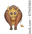 Cute illustration of a pet. Funny brown bull. Watercolor on a white background. Year of the bull. High quality photo. Symbol of 2021.  67945960