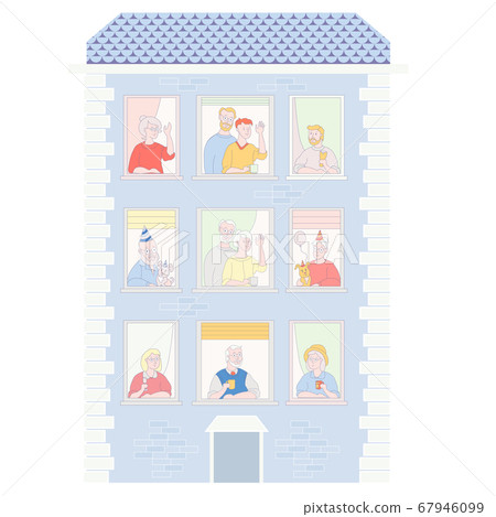 People in the window frames. Neighbors who live in apartments. Facade of a house different people and holiday. Everyone is funny, with cups and happy birthday drink. To stay home People in the window frames. Neighbors who live in apartments. Facade of a house different people and holiday. Everyone is funny, with cups and happy birthday drink. To stay home 67946099