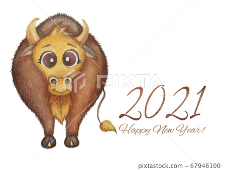 Symbol Year of the Bull. Watercolor illustration of a cute and funny bull and text Happy New Year 2021. Horizontal watercolor on a white background. 67946100