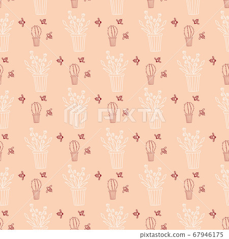 Template. Seamless pattern with burgundy and white contour of indoor plants in pots on a pink background. Cactus, flowers and bees. The concept of home, garden, interior and design. Vector Template. Seamless pattern with burgundy and white contour of indoor plants in pots on a pink background. Cactus, flowers and bees. The concept of home, garden, interior and design. Vector 67946175