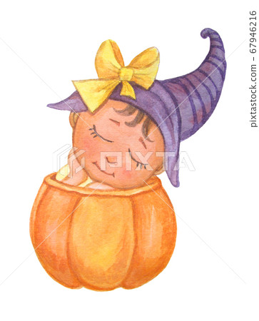 Halloween Watercolor illustration of a cute little baby who is sitting with his eyes closed in a pumpkin. A child celebrates Halloween. Isolated on a white background. 67946216
