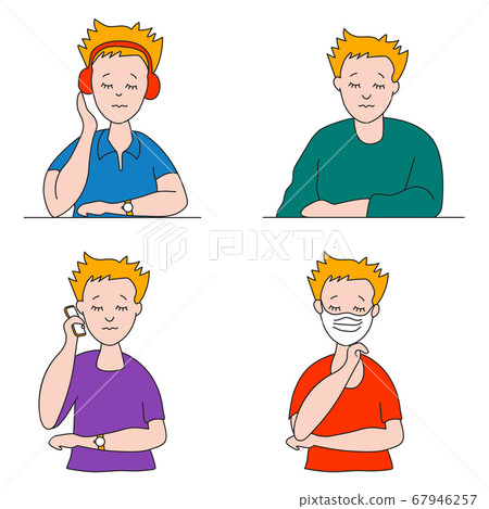 Set of flat vector people with closed eyes. A young man in different clothes, poses and gestures in bright clothes. Sits in headphones, stands with the phone. In a medical mask for virus protection 67946257