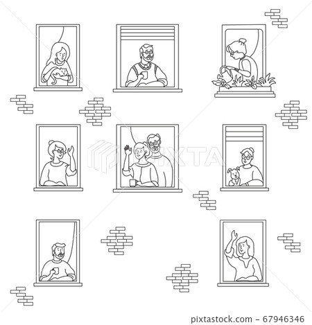 elderly couple looking for a house. windows with people neighbors. People look at neighbors, youth and old, different. social isolation during the coronavirus pandemic. Stay home. Line drawing 67946346